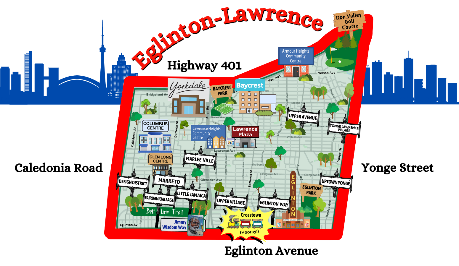 Illustrated map of Ward 8, Eglinton-Lawrence, with its surrounding roads and neighbourhood landmarks